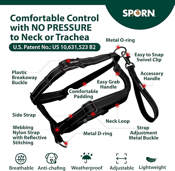 SPORN Ultimate Control No Pull Dog Harness for Small-Sized Dogs - 4-in-1 Adjustable Dog Harness with Front, Back & Dual-Clip Options & Emergency Grab Handle - Easy On/Off, Padded Comfort (Black, S)