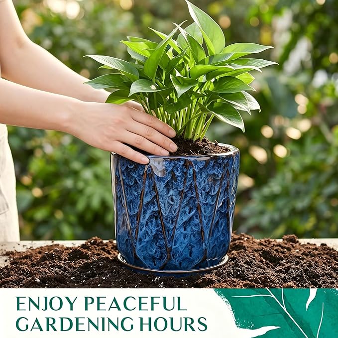 7.8 Inch Ceramic Plant Pot with Drainage Hole Mesh Net, Large Flower Pots for Indoor Plants with Saucer, Gardening Pots Outdoor, Blue