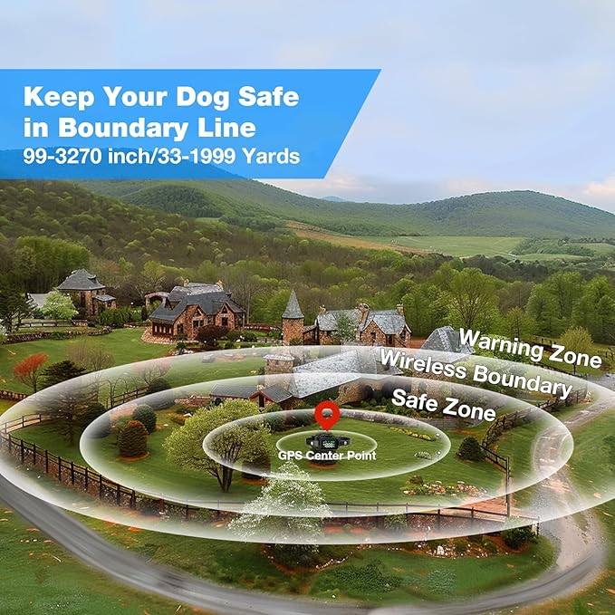 GPS Wireless Dog Fence , Electric Fence for Dogs, Perimeter Collar Fence System, Radius 33-1999 Yards, Beep Vibration Shock Correction,Pet Containment System for Outdoor Use, for Pets Over 18 Lbs