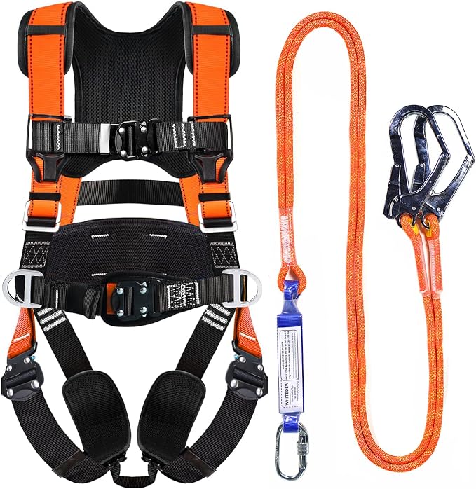 Fall Protection Premium Safety Harness with Shock Absorbing Lanyard, Vented & Padded Shoulder, Legs & Back - Upgrade 4 Quick Buckles (Orange)