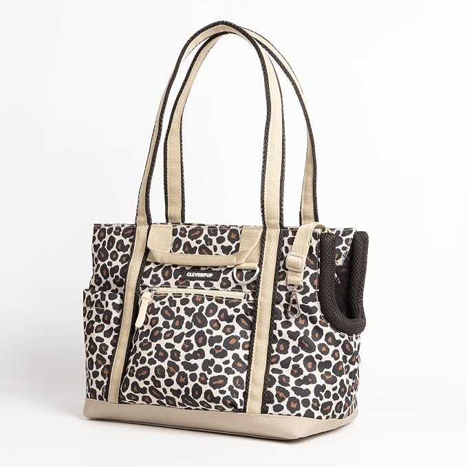 Transit Tote Dog Carrier for Small Dogs Under 8 lbs, 16x11x8 Soft-Sided 4-Pc Set with Waterproof Base, Plush Insert, Food Pouch, Mesh Head Opening - Small, Leopard