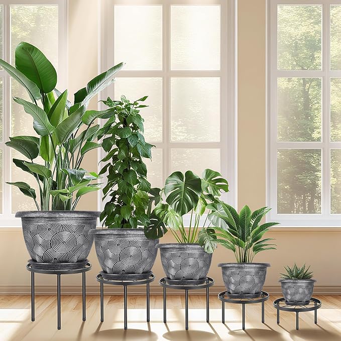 6-Inch-Plastic -Pots-for -Plant with Saucer, 6 Pack Outdoor Planters with Drainage Holes, Decorative Small Flower Pots for Indoor Plants, Modern 3D Swirl Silver Plant Pots with with Removable Tray