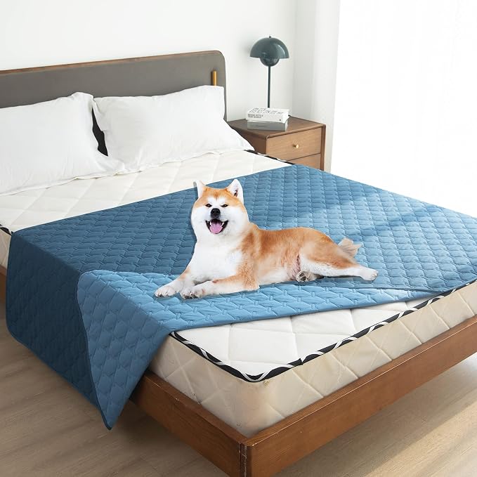 gogobunny Waterproof Dog Blankets for Large Dogs, Pet Bed Cover Breathable | Washable Pee Pads, Quilted Throw Blanket, Furniture Protector for Couch Sofa Bed Car, 82x82 Inch Dark/Light Blue