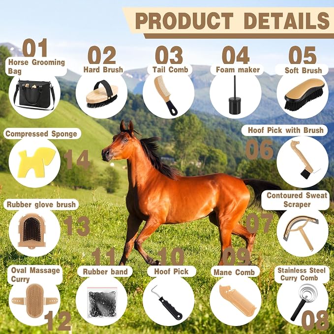 Abbylike 15 Pieces Horse Grooming Kit with Organizer Tote Bag Tack Room Supplies Horse Brush Sets Care Equine Cleaning Kit Shedding Grooming Massaging Tools(Black)