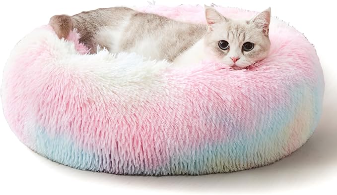 Western Home Calming Donut Cat Bed Small Dog Bed Washable,20" Rainbow | Fluffy Faux Fur Round Cuddler,Anti-Anxiety,Anti-Slip Bottom,Self-Warming Pet Bed for Small Dog&Kitten&Puppy,Up to 12 LBS