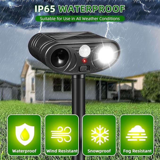 2026 Solar Ultrasonic Animal Repellent Outdoor, Motion Activated Deer Repellent Devices with Strobe Light, Waterproof Squirrel Cat Repellent Outdoor Rabbit Bird Racoon Deterrent for Yard Garden 2Pack
