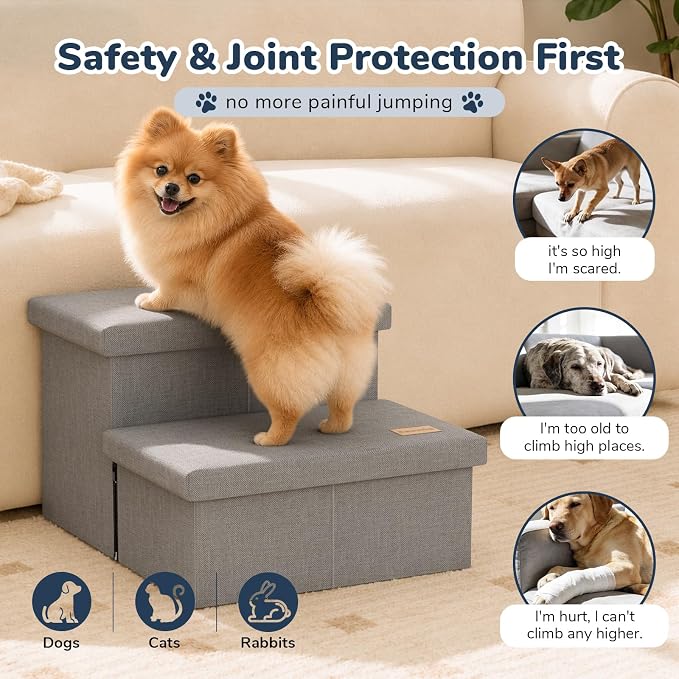 2-Step Wide Dog Stairs with Storage 11" H, Non-Slip Sturdy Pet Steps for Couch Chair, Dog Steps for Small/Medium Old Dogs, Cats, Rabbits Up to 150lbs, Foldable Cat Puppy Stairs for Car, Grey