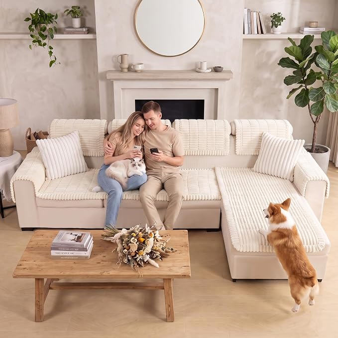 FUANGUI 2 Pack Waterproof Couch Cover for Dogs Pets Sofa Protector | Non-Slip Washable Fuzzy Soft Sofa Slipcover for 2 PCS L Shaped Sofa Pet Friendly, 27.6" x 70.9"+27.6" x 82.7", Beige