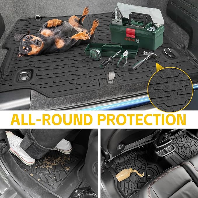 Cargo Mats for 2021-2025 Jeep Wrangler JL 4XE Floor Liners with Trunk Mat All Weather TPE Protector Rear Floor Trunk Liners for 2021 2022 2023 2024 2025 Wrangler JL 4XE 4 Door Accessories