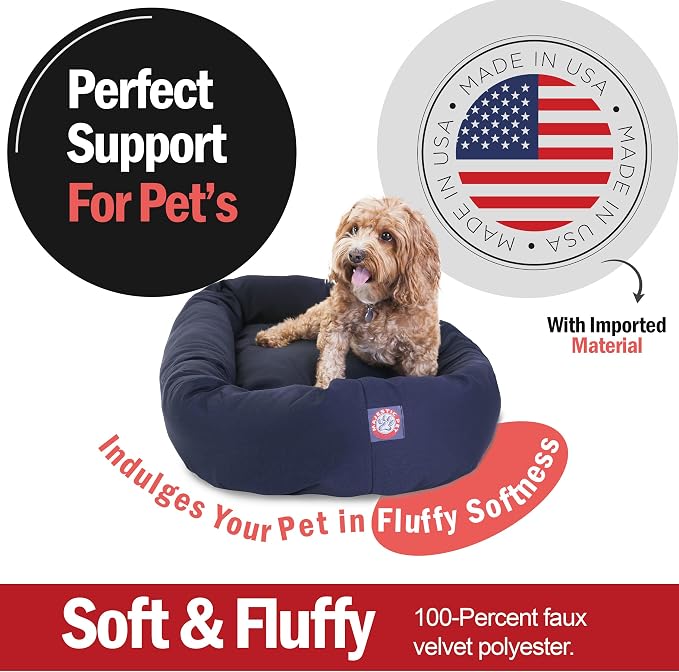Majestic Pet Bagel Calming Dog Bed, 32 Inch Medium, Round, Washable, Blue | Cozy Soft Fluffy Donut Pet Bed with Spine Support for Head Rest – Anti-Anxiety Comfort for Puppies & Dogs, 32x23x7 Inches