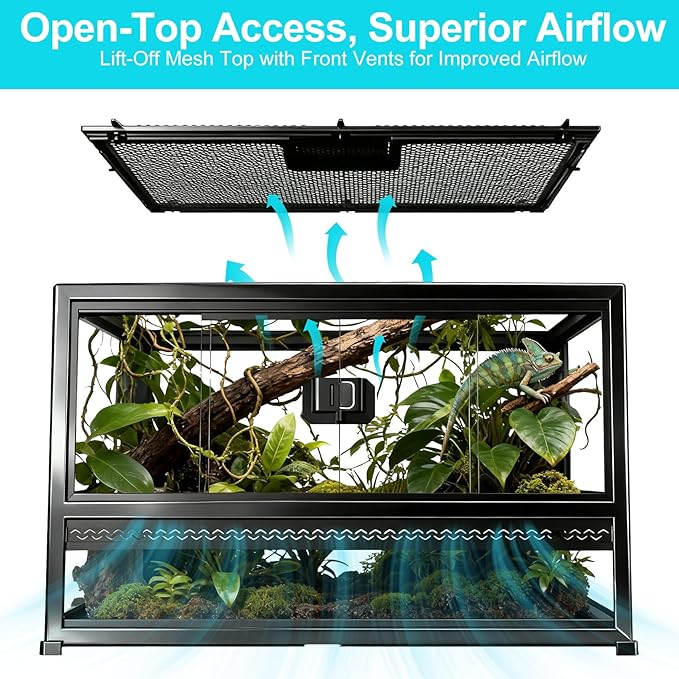 Reptile Terrarium Glass Enclosure 22" × 14" × 12", Front Opening Tank with Mesh Top, Easy Assembly for Small Reptiles, Geckos, Lizards, Snakes, Turtles & More