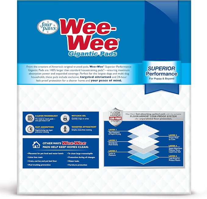 Four Paws Wee-Wee Superior Performance Gigantic Dog Pee Pads, 100 Count | Puppy & dog potty training pads, all day floor protection, housebreaking pet supplies, leak-proof puppy pads, 27.5" x 44"