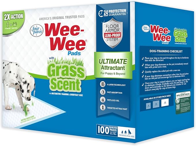 Four Paws Wee-Wee Ultimate Attractant Dog Pee Pads, Grass Scent, 100 Count | Smells like real grass, leak-proof puppy pads, dog housebreaking & potty training, 24-hour floor protection, 22" x 23"