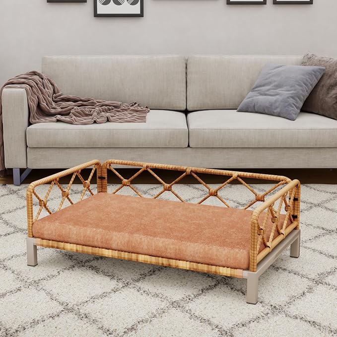 Outdoor Dog Bed, Elevated Dog Couch with Removable Cushion, Waterproof Rattan Wicker Orthopedic Indoor Raised Pet Sofa for Dogs, Cats, Pets (Brown)