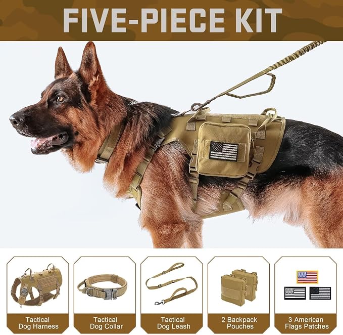 Forestpaw Tactical Dog Harness for Medium Dogs,Tactical Dog Collar with Bungee Leash Set,No Pull Military Dog Harness for Walking Training,Adjustable for Medium Dogs,Khaki,Chest 22-35"