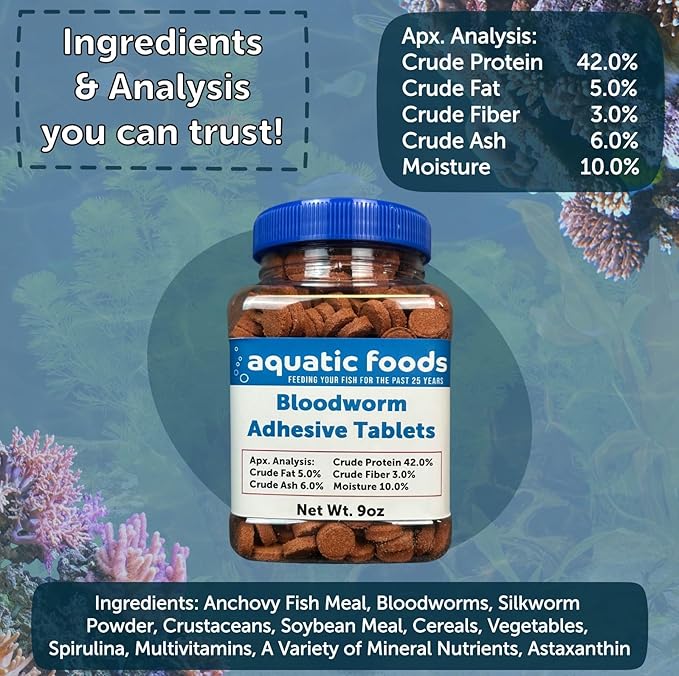 Aquatic Foods Inc. Bloodworm Glass Sticking 42% Protein Tablets for Angels, Tetras, Guppies, Cichlids, All Community Tropical Fish...1-lb 14oz Jar