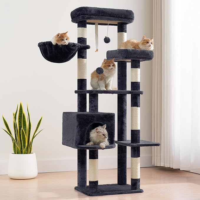 Gitelsnour Cat Tree for Indoor Cats, 55.1 inch Cat Tower with 7 Sisal Scratching Posts, Multi-level Cat Condo wit Large Play Platform Furry Ball, Cat Cave, 2 Padded Perches, Basket, Smoky Gray GCT013G