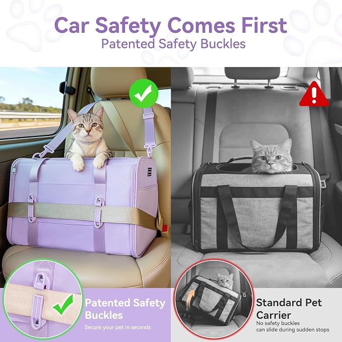 PETSFIT Large Cat Carrier with Patented Safety Buckles,Big Cats Up to 20 lb | Secure Carrier for Safe Driving, Lockable Zippers, Safety Tether, Travel Pet Carrier for Trips & Vet Visits, 19 x 12 x 12