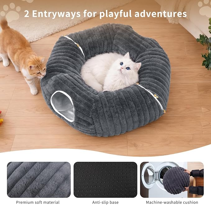 Dogpals Cat Tunnel Bed Cave 33" Lx10 Wx10 H for Indoor Cats | Washable Cozy Cushion, Soft Striped Plush Fabric, Hideaway Peekaboo Cave for Kittens, Puppies, Rabbits & Small Pets