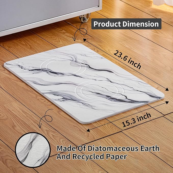 Diatomite Stone Pet Feeding Mat for Dog Cat Super Absorbent Diatomite Quick Drying Stone Dog Food Water Mat, Dog Mats for Food and Water with Non-Slip Station, Fast Dry Pet Mats,Marble White