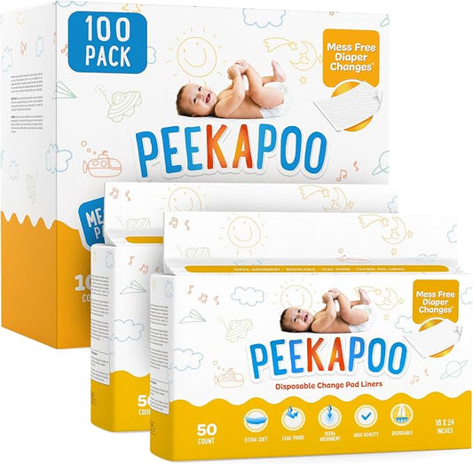 Peekapoo Disposable Baby Changing Pad Liners - Original Brand - 100 Pack | Super Soft, Waterproof, Ultra Absorbent, Fragrance-Free, No Dyes, 24 x 18 Inch, Portable, Travel-Friendly, BPA & PFAS Free