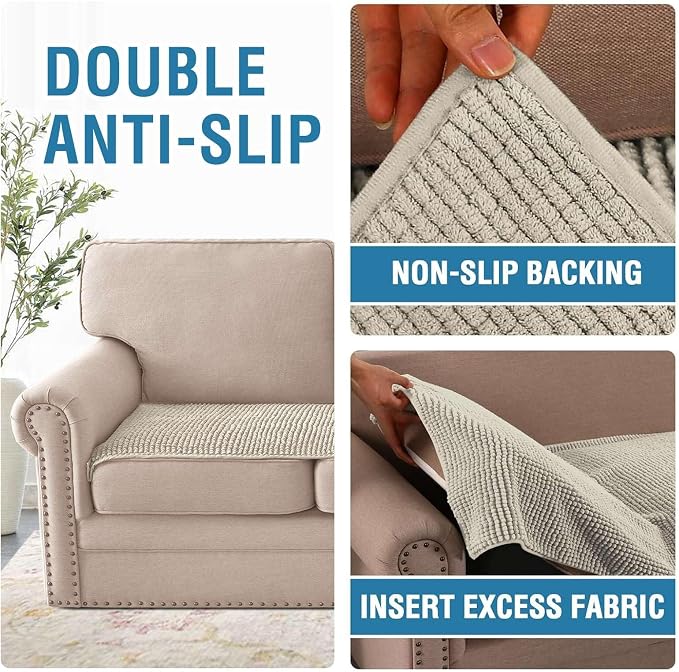 H.VERSAILTEX Plush Chenille Couch Cover for 3 Cushion Couch Anti Slip Washable Sofa Slipcovers Soft and Durable Furniture Protector for Dogs Cats Kids (27.5" x 82", Island Fossi)