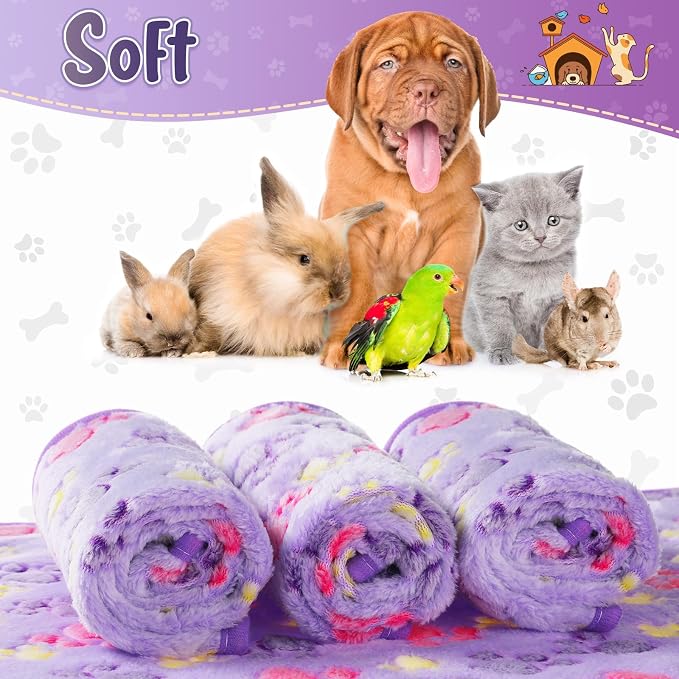 Tatuo 4 Pack Fleece Dog Blankets for Puppy Cats Multi-Size Sleep Mat for Pet Guinea Pig Soft Washable Warm Crate Bed Puppy Teething Toys Print Pattern Blanket Indoor(Purple,24 x 16 Inch,Paw)