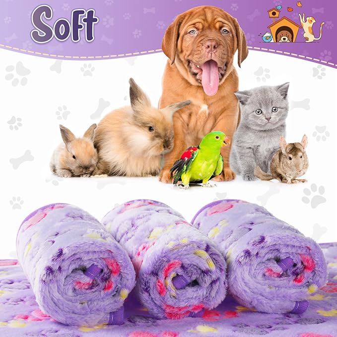 Tatuo 4 Pack Fleece Dog Blankets for Puppy Cats Multi-Size Sleep Mat for Pet Guinea Pig Soft Washable Warm Crate Bed Puppy Teething Toys Print Pattern Blanket Indoor(Purple,30 x 20.5 Inch,Paw)