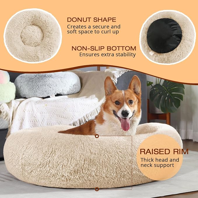 JOLLYVOGUE Dog Beds Large Sized Dog, Calming Anti-Anxiety Dog Bed, Fluffy Donut Cushion for Extra Large Pets (45")