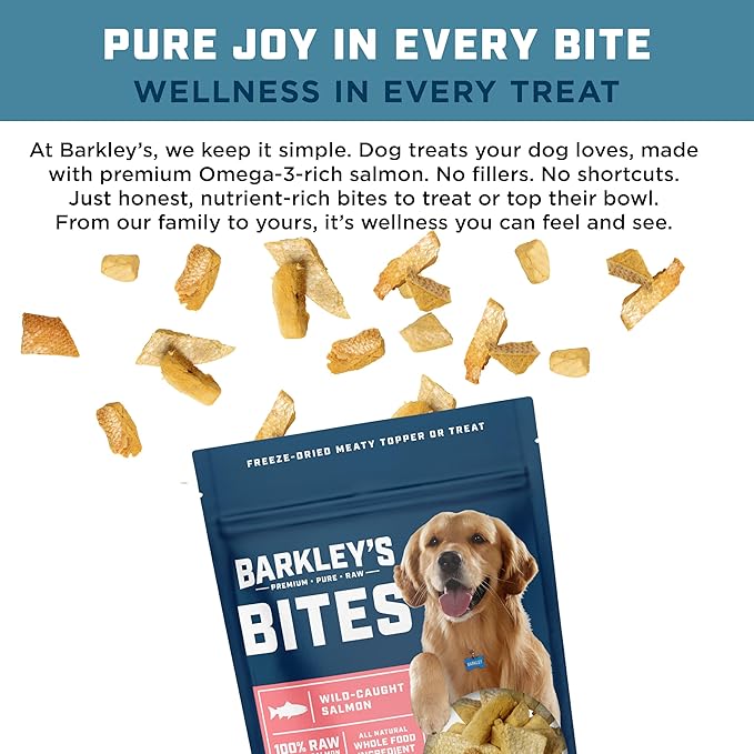 Barkley’s Bag Salmon Bites, Freeze Dried Dog Treats and Food Topper, Made with Wild-Caught Salmon, Bite-Sized Whole Pieces for Training Rewards, for All Dog Breeds, Ages & Sizes, 4 Oz Bag (6 Pack)