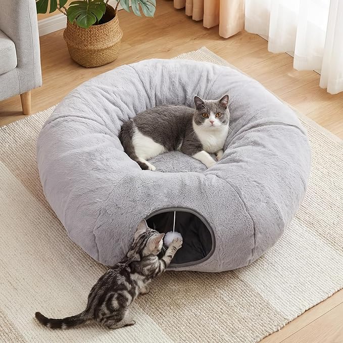 Cat Tunnel Bed for Indoor Cats, 31.5in Round Cat Tunnel for Small Cats | Cat Donut Tunnel with Washable Plush Mat, Collapsible Tunnel Hideplace for Kittens, Squirrels Grey