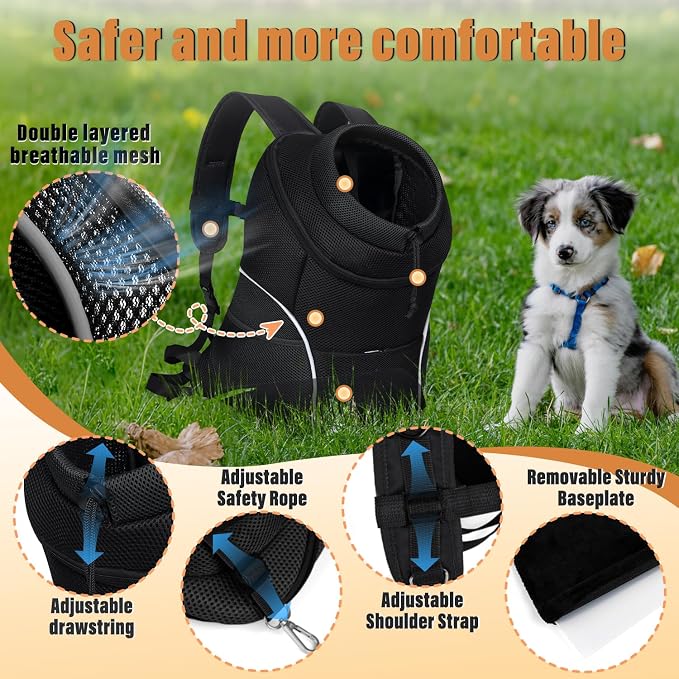 YUDODO Dog Front Carrier Backpack, Adjustable Breathable Dog Backpack | Ventilated, Safety Belt, Lightweight, Reflective Strip, Pocket Storage, For Walking Hiking Outdoor, Jet Black, L