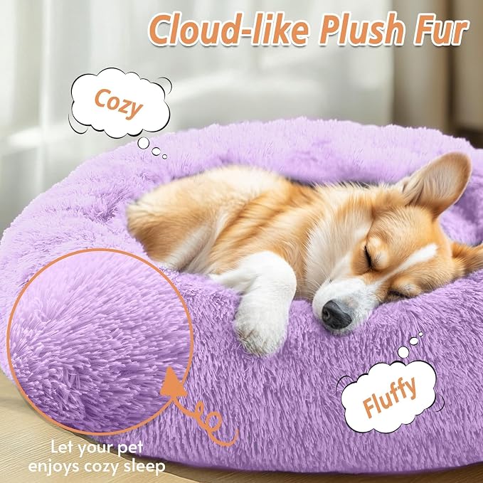 JOLLYVOGUE Calming Dog Bed Medium Size Dog, 31in Donut Washable Medium Pet Bed, Anti-Slip & Anti-Anxiety Fluffy Faux Fur Round Dogs Bed, Fits up to 45 lbs Pets (Purple)