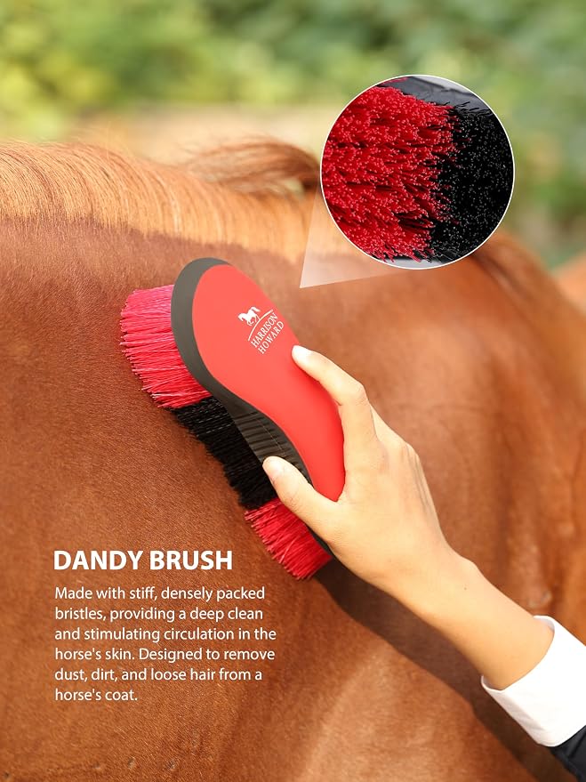 Harrison Howard Horse Grooming Brushes Kit 7 pieces with Organizer Tote Equine Care Series Horse Brush Sets Red