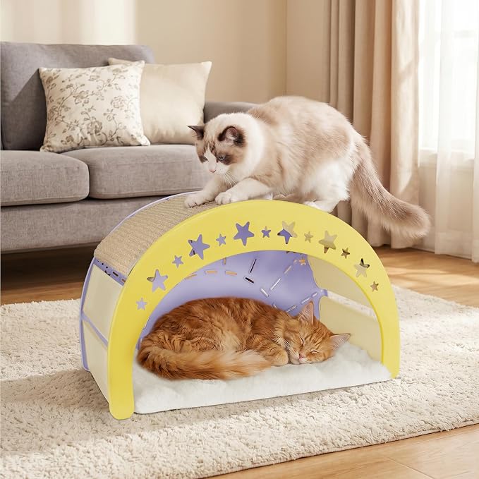 Cat Scratcher Bed, 3 in 1 Design-Bed, Scratcher, Hideaway Cave | with Elevated Sisal Pad & Reversible Fleece Mat,Sturdy HDPE Lounge for Indoor Cats, Tool-Free 30s Assembly, Supports 30 lbs