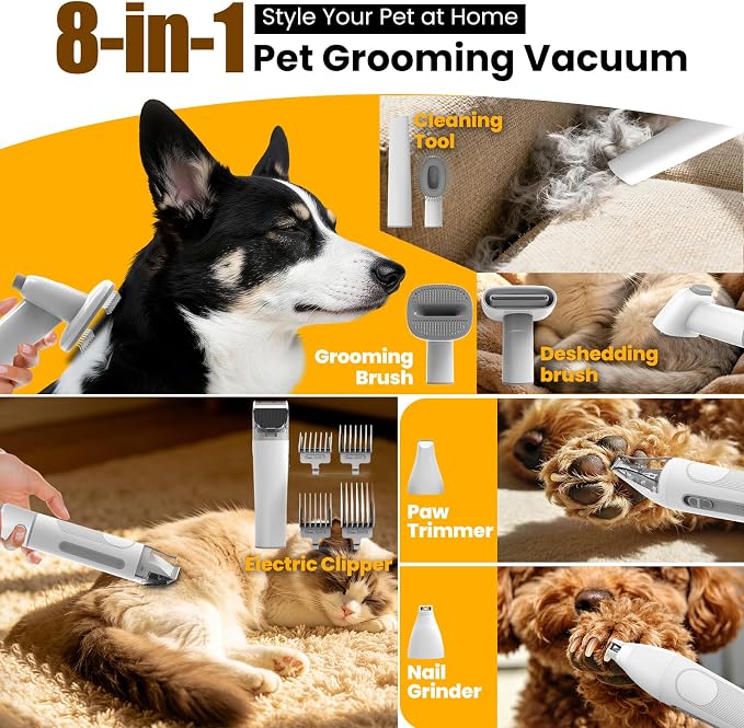 Dog Grooming Kit with Vacuum, 12000Pa Pet Electric Clipper & Nail Grinder | PG01 Plus 8-in1 Pet Grooming Kit, Low-Noise Dog Vacuum for Shedding Grooming, Pet Hair Remover Vacuum