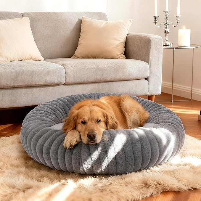 Calming Dog Bed Anti-Anxiety Donut Dog Beds for Small Medium Large Dogs,Washable Plush Fluffy Indoor Cat Kitten Round Cuddler Cushion (Deep Grey, Large-34 inch)