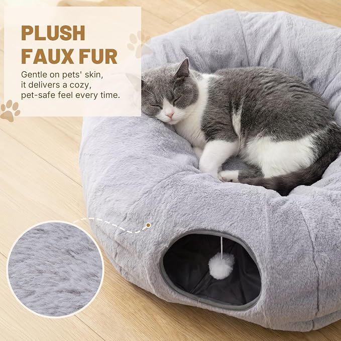 Cat Tunnel Bed for Indoor Cats, 31.5in Round Cat Tunnel for Small Cats | Cat Donut Tunnel with Washable Plush Mat, Collapsible Tunnel Hideplace for Kittens, Squirrels Grey