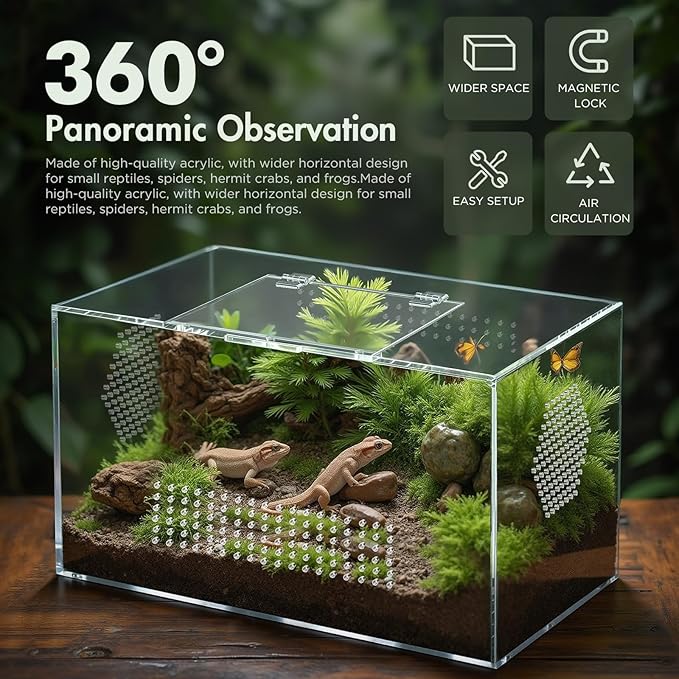 Acrylic Reptile Terrarium, Pre-Assembled Tarantula Enclosure with All-Side Ventilation & Magnetic Door, Tank for Spider, Gecko, Mantis, Frog, Snail, Isopods, 12"x7"x7" (Tweezer & Hygrometer Included)