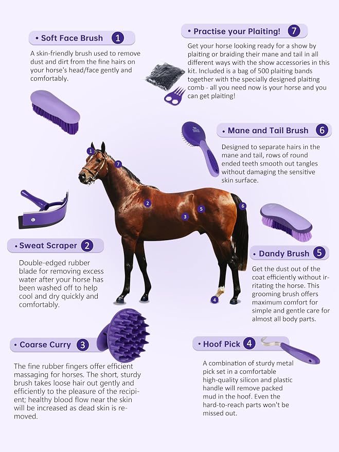 Harrison Howard Horse Grooming Brushes Kit 7 pieces with Organizer Tot Equine Care Series Horse Brush Sets New Purple
