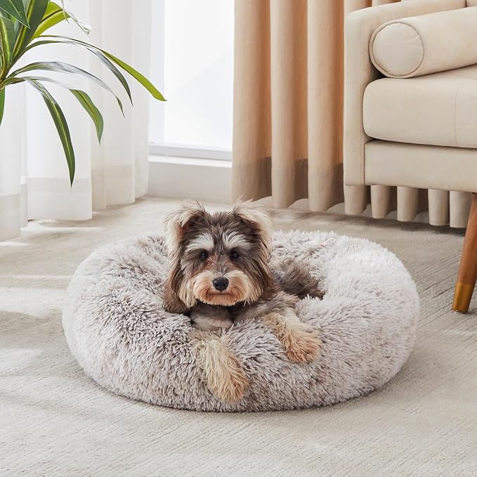 Western Home Calming Donut Small Dog Cat Bed Washable Puppy Bed,24" | Fluffy Faux Fur Round Cuddler,Anti-Anxiety,Anti-Slip Bottom,Pet Beds for Puppy&Small Dog&Large Cat,Up to 25 LBS White Khaki
