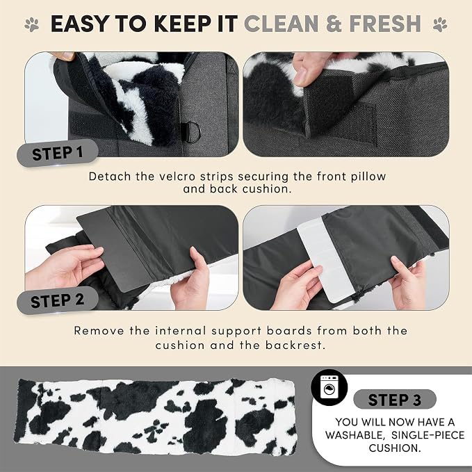 Center Console Dog Car Seat for Small Pets to 11lbs, Milk Cow | Anti-collapse armrest Console seat with washable fluffy cushion, pillow & tether for stable, cozy pet travel trips.