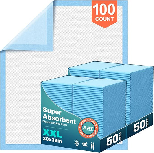 AAY Bed Pads Disposable 30" x 36" (100 Count), Extra Large Super Absorbency Disposable Underpads for Incontinence, Premium Leakproof Protective Chucks Pee Pads for Adult, Kids, Puppy Training