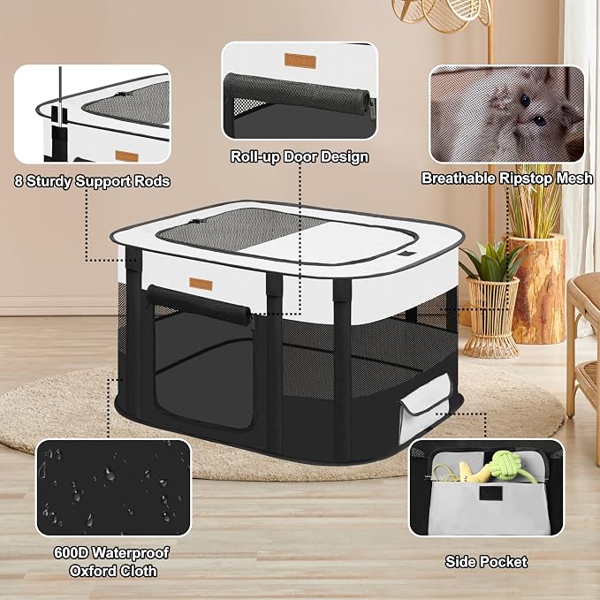 Dog Playpen - Foldable Cat Play Pens for Pubby, Kitten, Rabbit, Portable Pet Tent with Carring Bag for Indoor/Outdoor Travel Camping Black X-Large
