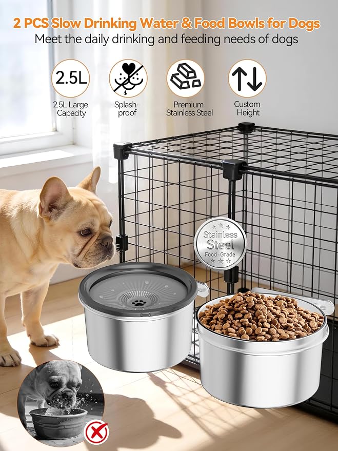 2 Pcs No Spill Dog Water Bowl for Crate, 2.5L Stainless Steel Hanging Kennel Bowls with Adjustable Height, Anti-Splash Water & Food Bowl Set for Cage Kennel Crate, Medium Large Dogs (Grey)