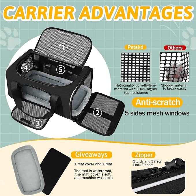 Small Pet Carrier 17" L x 11" W x 9.5" H Airline Approved, Black | for Alaska Airlines, Lockable Safety Zippers and Anti-Scratch Mesh, Pets Under 10 lbs