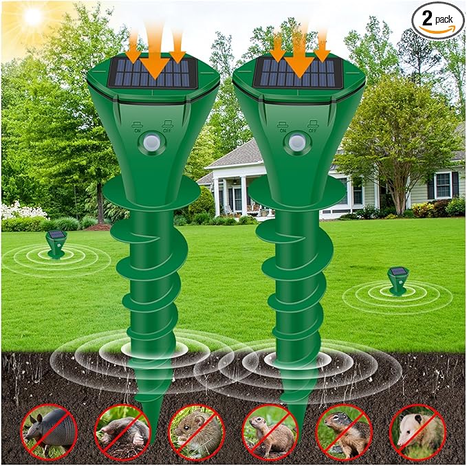 Mole Repellent Solar Powered,2 Pack Ultrasonic Gopher Repeller IP65 Waterproof for Lawn Garden Yard, Sonic Vole Repellent Mole Killer Outdoor Get Rid of Snake Groundhog Chipmunk Squirrels-Dark Green