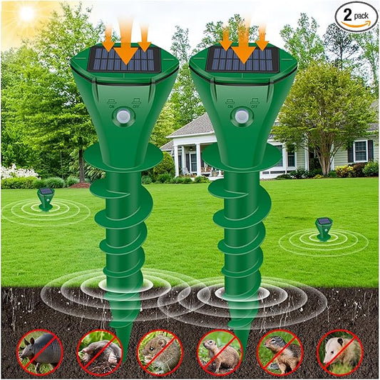 Mole Repellent Solar Powered,2 Pack Ultrasonic Gopher Repeller IP65 Waterproof for Lawn Garden Yard, Sonic Vole Repellent Mole Killer Outdoor Get Rid of Snake Groundhog Chipmunk Squirrels-Dark Green