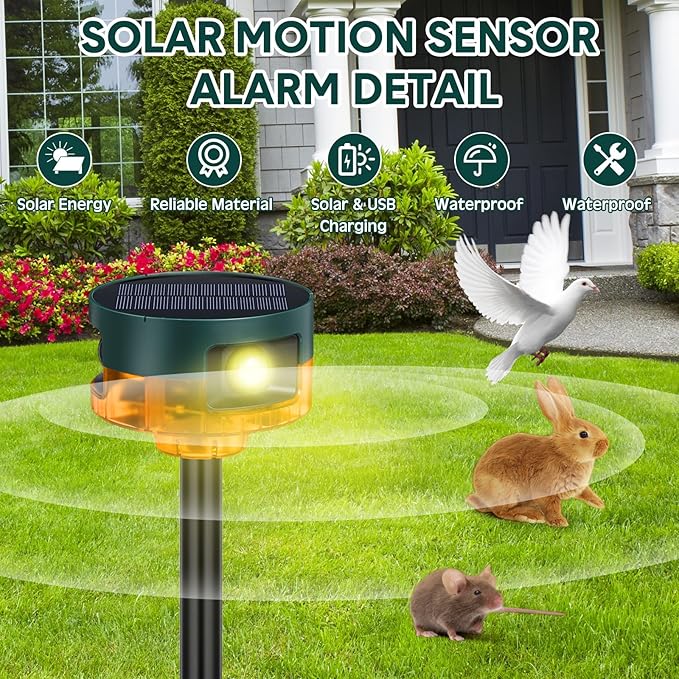 Qualirey 2 Pack Solar Outdoor Motion Sensor Alarm-Dog Barking&Gunshot Sound Support Recording Animal Deterrent for Home Security, 13 Kinds of Sounds (Yellow)