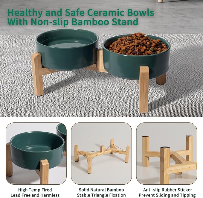 Elevated Ceramic Dog Bowl, 2 Cups Dog Food and Water Bowl Set with Stand | 5.1'' Double Dog Feeding Dishes, Non-Slip Raised Dog Feeder for Cats and Puppies, 16.23 OZ / 480 ML, White